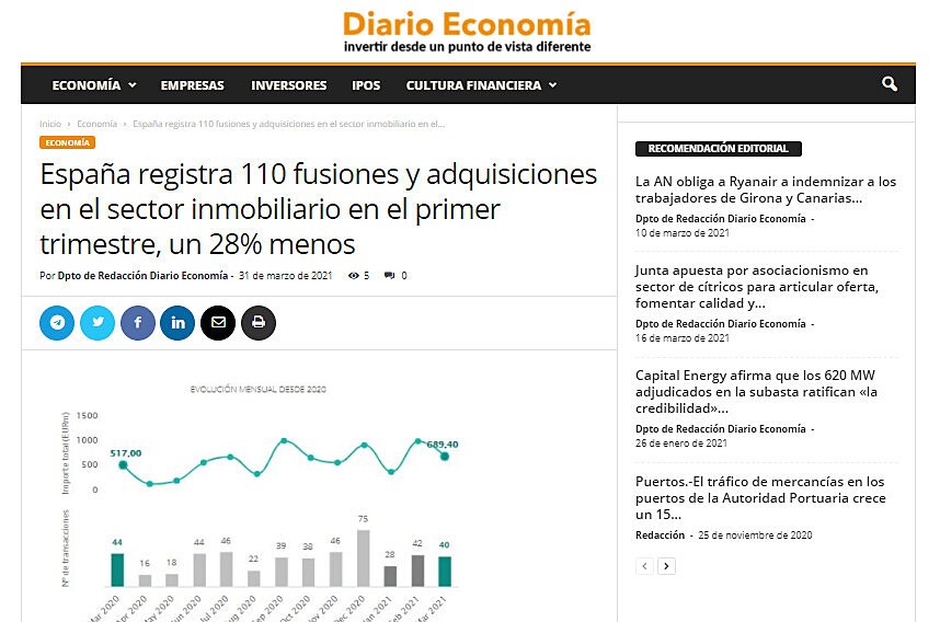 Espaa registra 110 fusiones y adquisiciones en el sector inmobiliario en el primer trimestre, un 28% menos